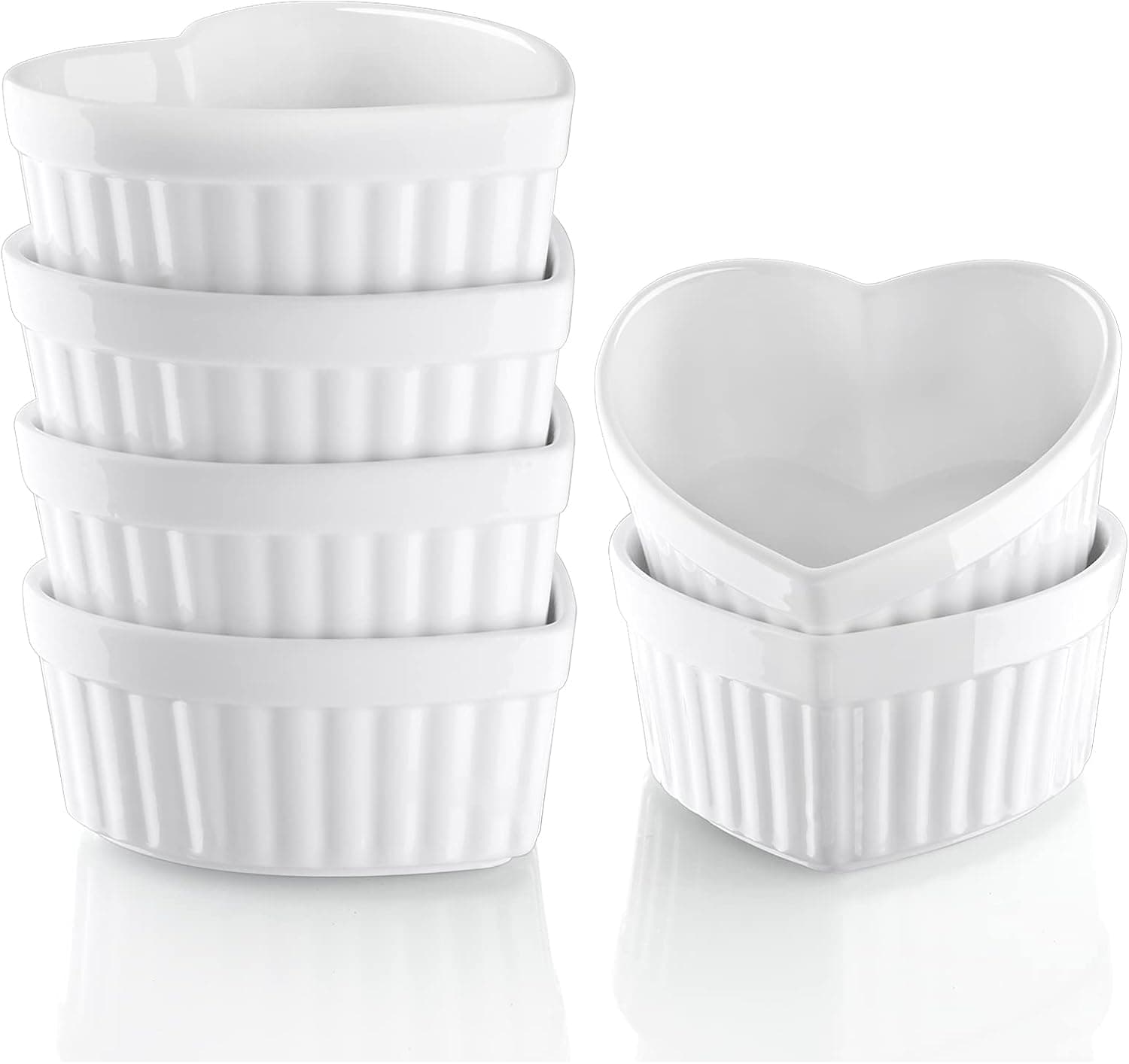 Creme Brulee Ramekins 4 oz Oven Safe, ALELION Heart Shaped Porcelain Ramekins for Baking, Souffle Dish Small Ramekins for Pudding, Custard Cups, Set of 6, White, Ideal Gift for Valentine's Day