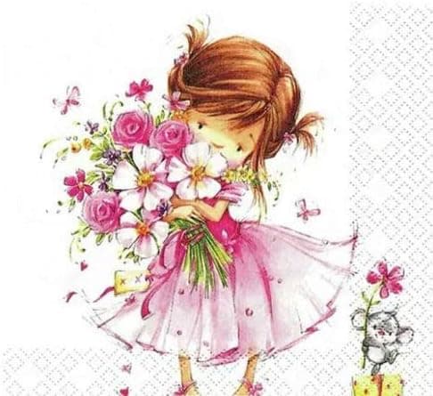 Set of 2 Individual Decoupage Paper Party Napkin GIRL FLOWERS MOUSE PINK Watercolor Decor Luncheon Napkins for a Birthday holiday, Wedding, Cocktail Party