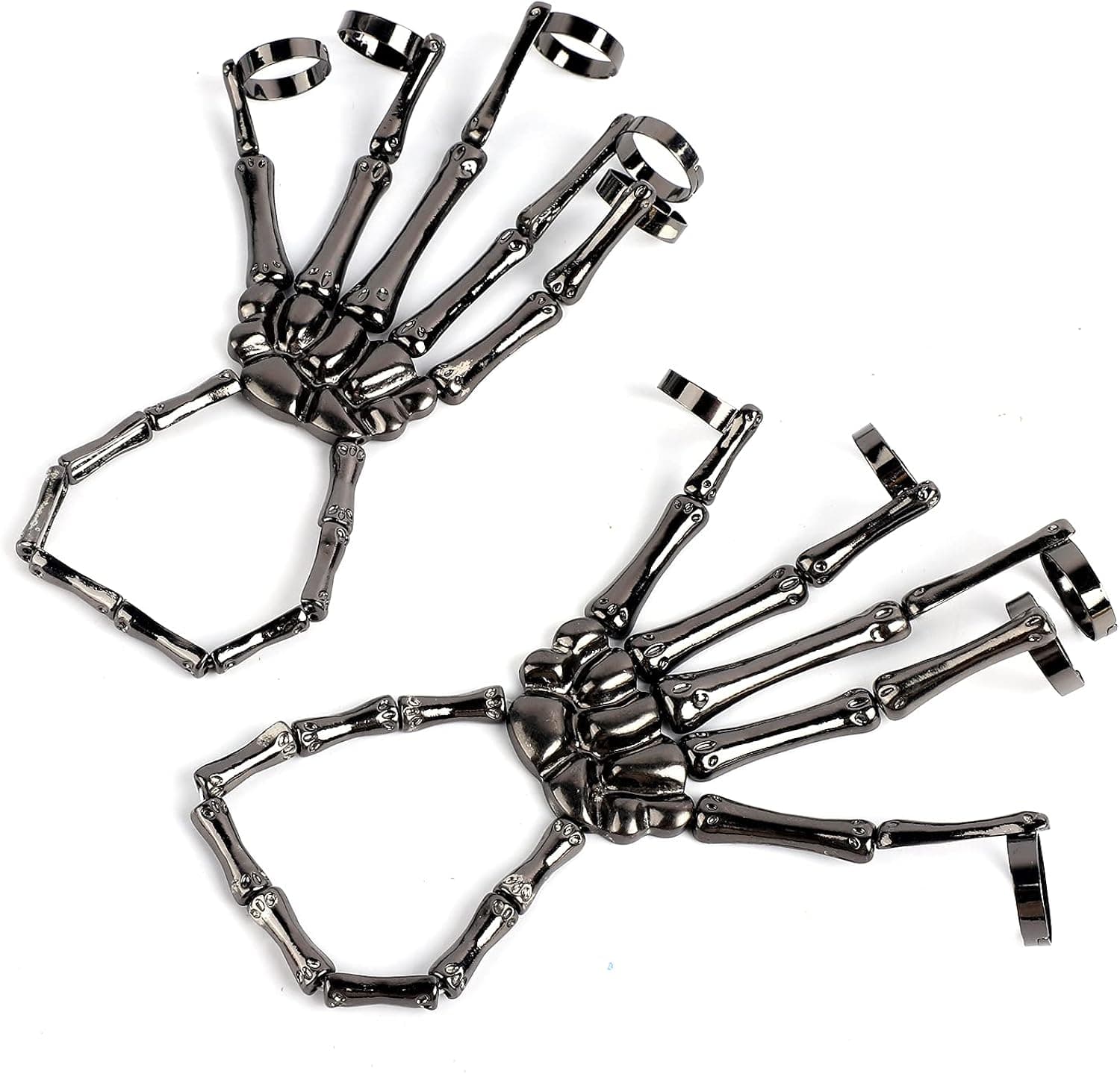 2 PCS Halloween Skull Skeleton Hand Bracelet With Ring Halloween Decoration Wristband Adjustable Skull Fingers Hand Bone Punk Metal Horror Ghost Claw For Women Girl Men Boy Jewelry