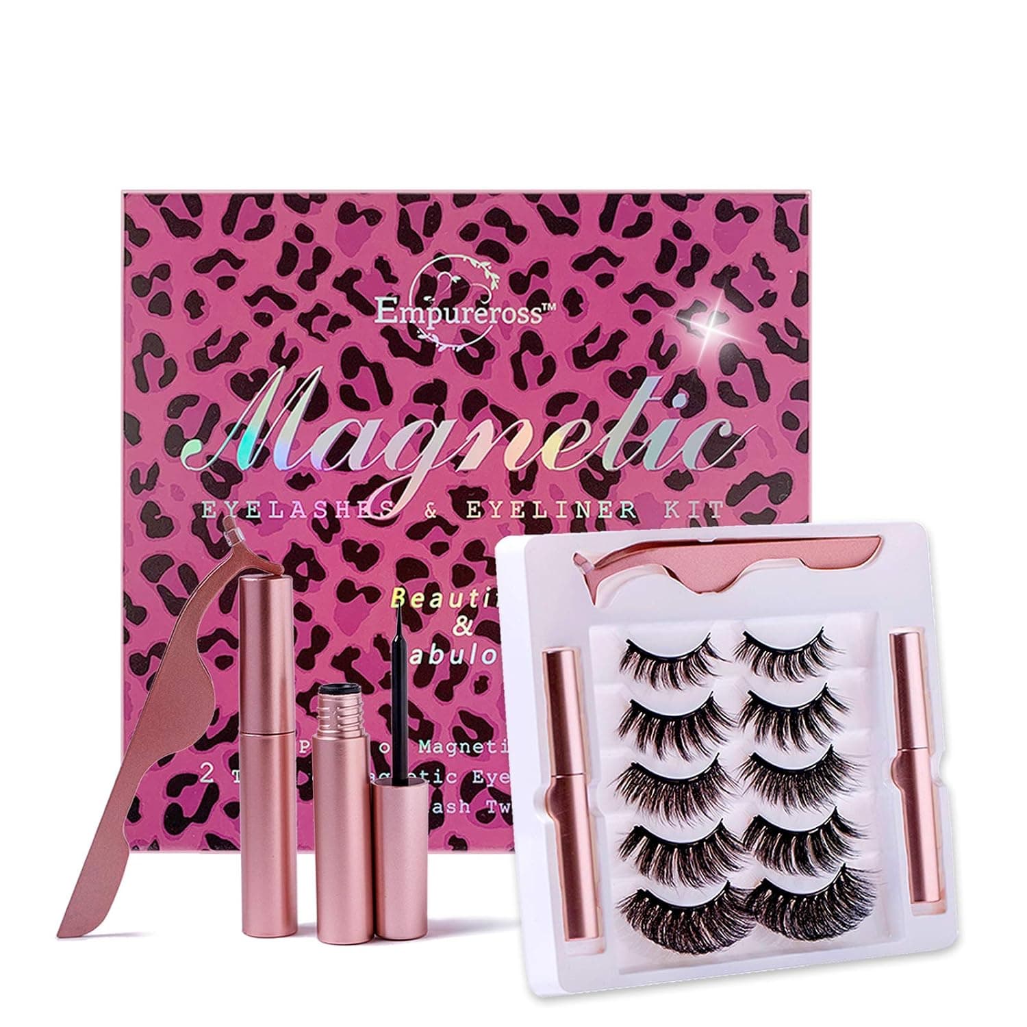 Empureross New Magnetic Eyelashes with Eyeliner Kit, Reusable Eyelashes and Eyeliner with Tweezers, 5 Pairs of False Eyelashes for Daily, Party and Wedding