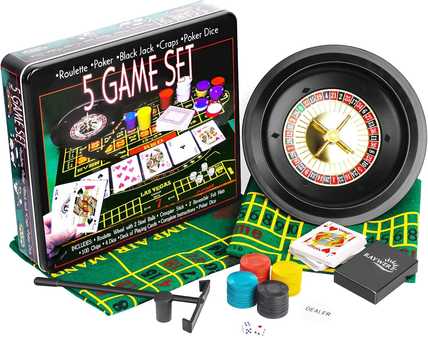 5 in 1 Casino Games Set Roulette,Poker, Black Jack, Craps, has Chips,Mats, Dices, Cards,