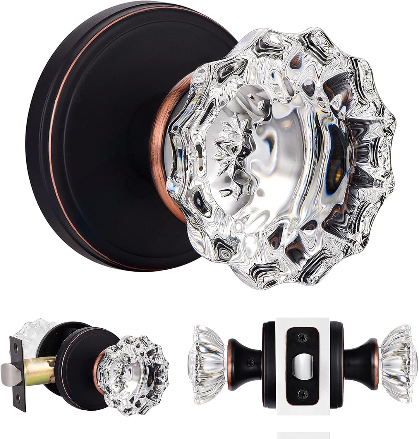 SHINY HANDLES Glass Door Knobs Interior, Crystal Passage Door Knob for Hallway Closet, Oil Rubbed Bronze (1 Pack)