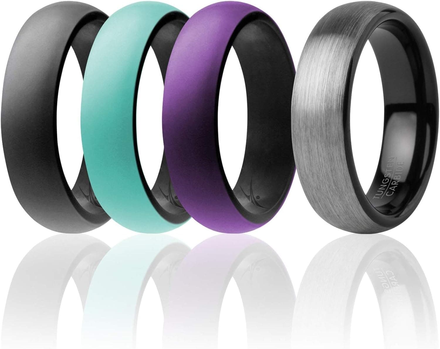 ROQ Silicone Rubber Wedding Ring for Women, Rubber Silicone Wedding Band, Bridal Jewelry Set, Anniversary Rings, Promise Ring, Tungsten Carbide & Brushed Top Silicone Ring Set, 6mm Wide 2mm Thick, 4 Pack, Multi Sizes