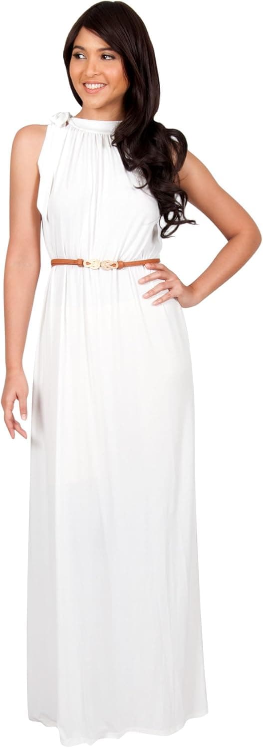 KOH KOH Womens Long Halter Sleeveless Sexy Summer Belted Evening Maxi Dress