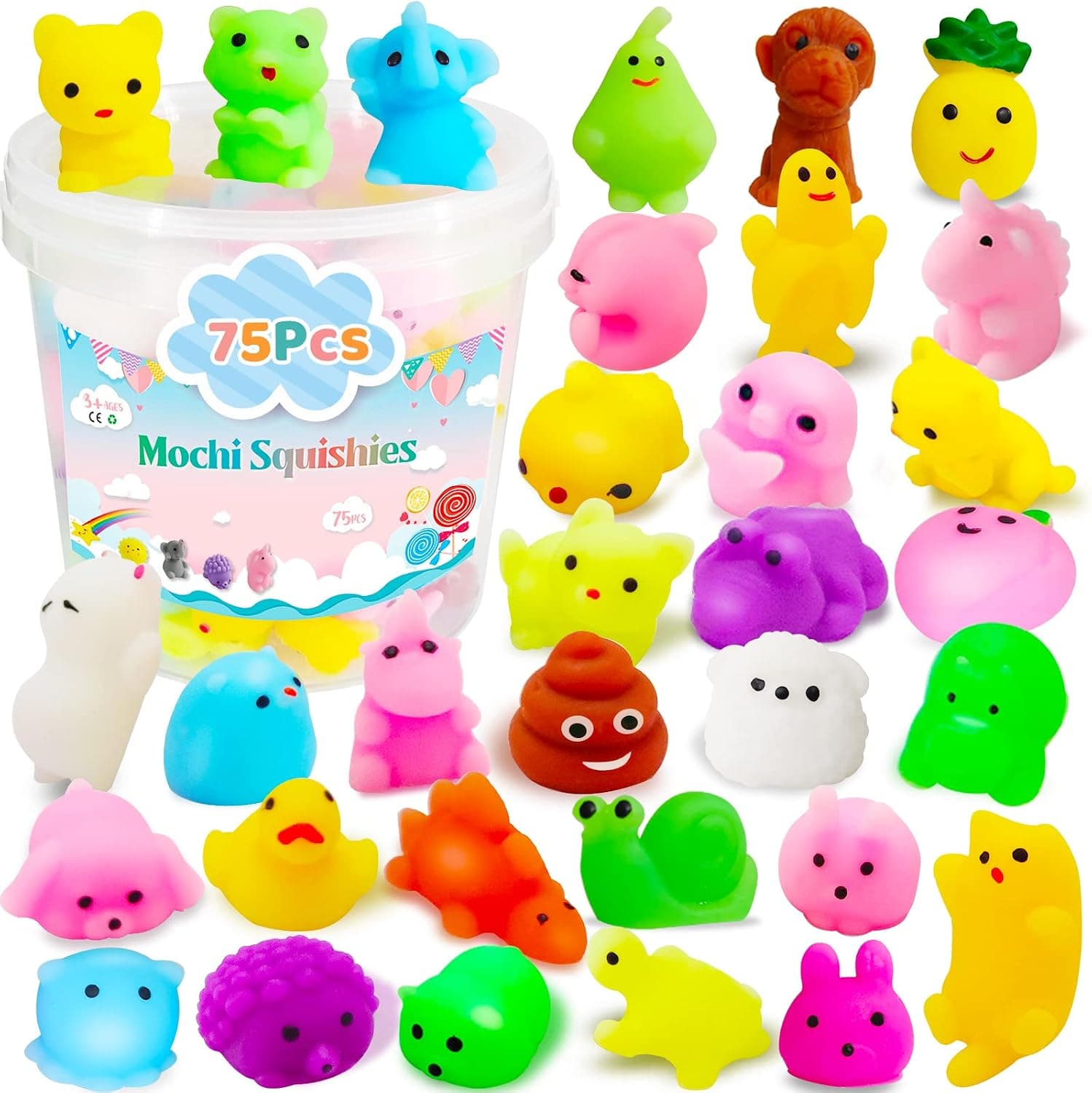 Mochi Squishy Toys, 75Pcs Kawaii Squishies Kids Party Favors-Animal Squishies Cat Panda Unicorn Squishy Stress Relief Toys for Adults Boys & Girls Birthday Gifts, Classroom Prize, Easter Egg Stuffers
