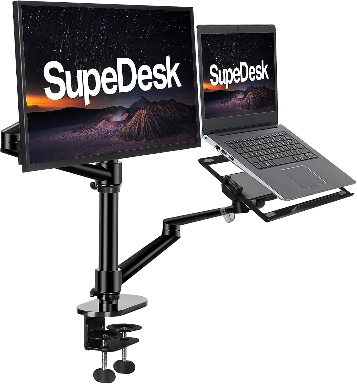 SupeDesk Monitor Stand, Dual Monitor Arm,Laptop Desk Mount,Height&Angle Adjustable,Compatible with 17-32"Monitor&12-17"Notebook/Mackbook,Capacity 19.8lbs,VESA&Laptop Tray,C-Clamp,Aluminum Alloy