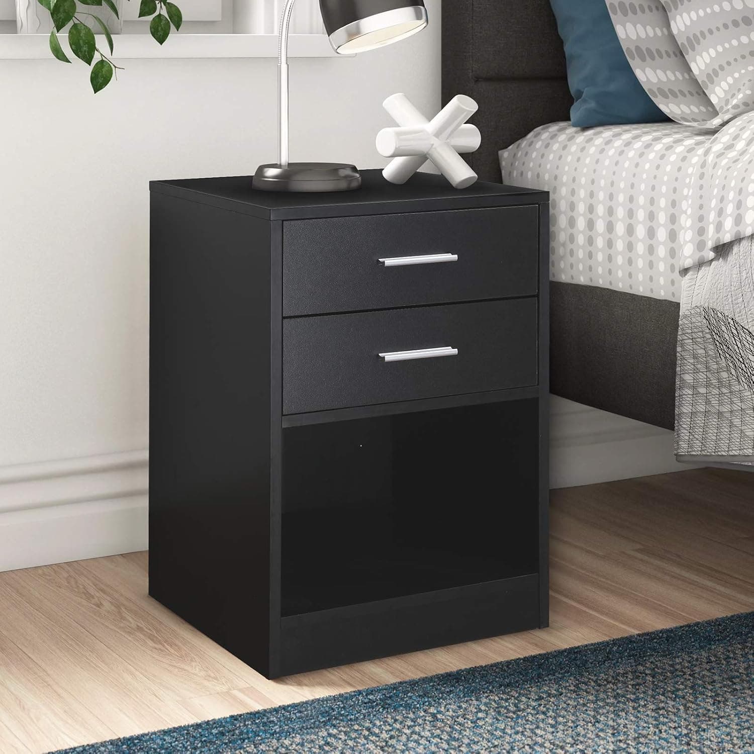 GOLDORO Nightstand with Double Drawer End Tables Living Room File Cabinet Storage Table for Home Office Bedside Cabinets with Shelf Black