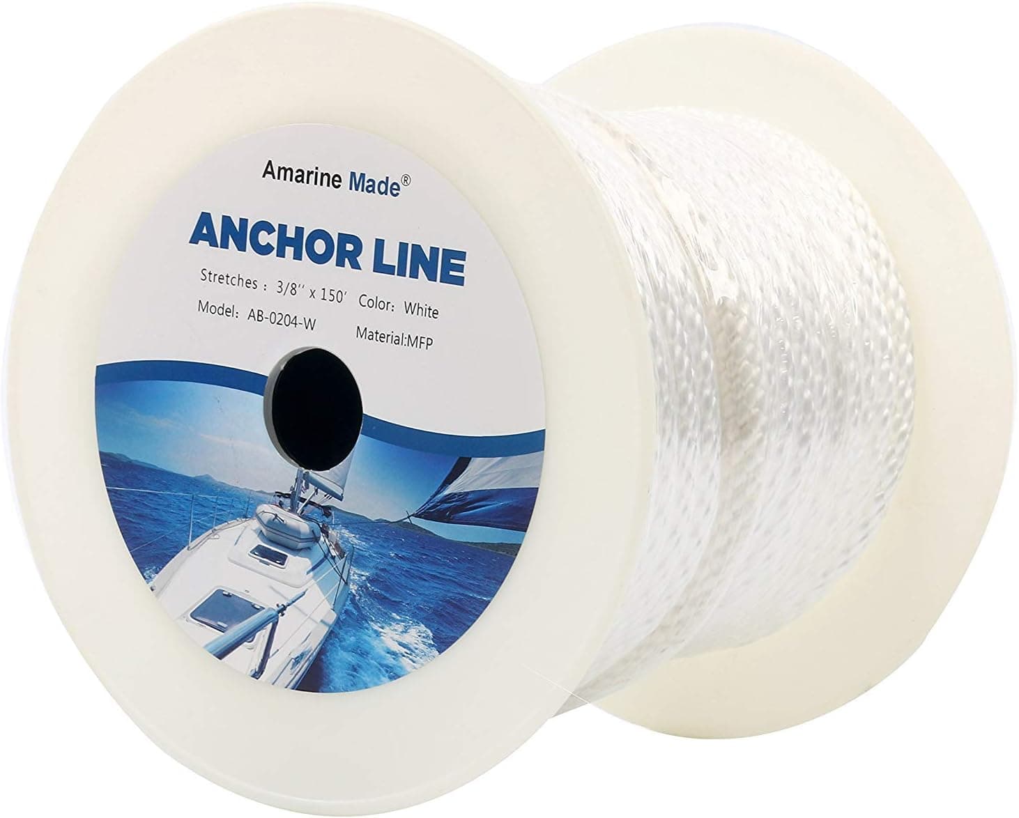 Amarine Made 3/8 Inch 50FT 100FT 150FT Premium Solid Braid MFP Anchor Line Braided Anchor Rope/Line with Thimble-800kg Breaking Strength (White, 150ft)