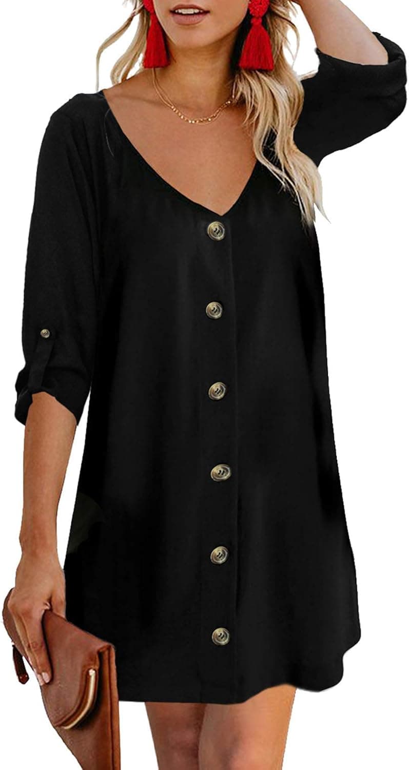 AlvaQ Women Summer V Neck Short Sleeve Button Down Loose, Z-black, Size Medium