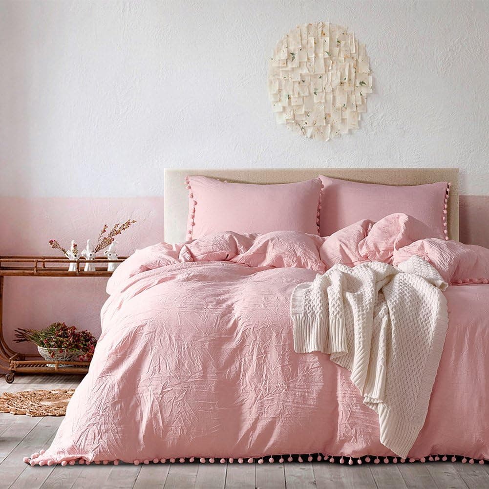 Smoofy Bedding Duvet Cover Set Ball Pom Fringe Bedding Pillowcase Sets (Queen, Pink)