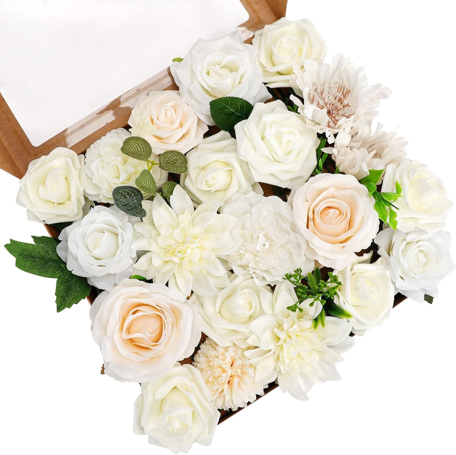 Whonline 21pcs Artificial White Flowers Combo Fake Roses Dahlia Flowers with Stems for DIY Wedding Arch Bouquets Decoration Table Centerpieces Arrangements Cake Decor