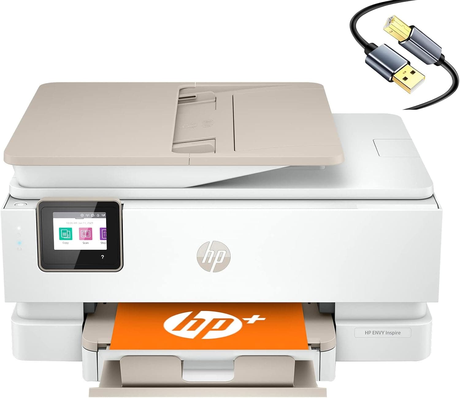 HP Envy Inspire 7958e Wireless All-in-One Color Inkjet Printer, Sandstone - Print Copy Scan - 2.7" Touchscreen, 22 ppm, 4800 x 1200 dpi, Auto 2-Sided Printing, 35-Page ADF, Cbmou Printer_Cable