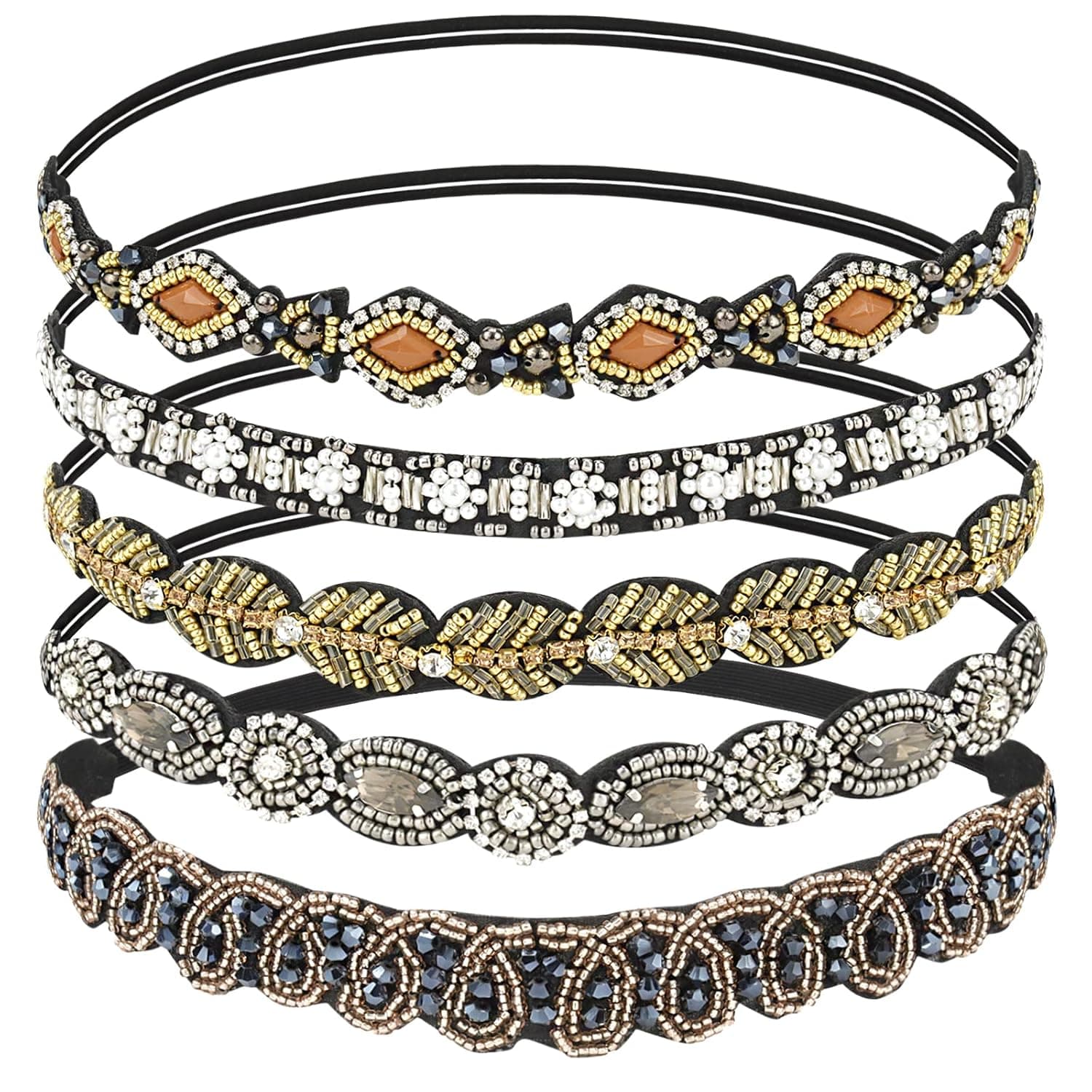 AMCAMI 5 Pieces Rhinestone Beaded Women Headbands Fancy Elastic Head Bands Handmade Jeweled Crystal Beaded Hairbands for Lady Woman Girls Hair Accessories for Women Girls Ladies