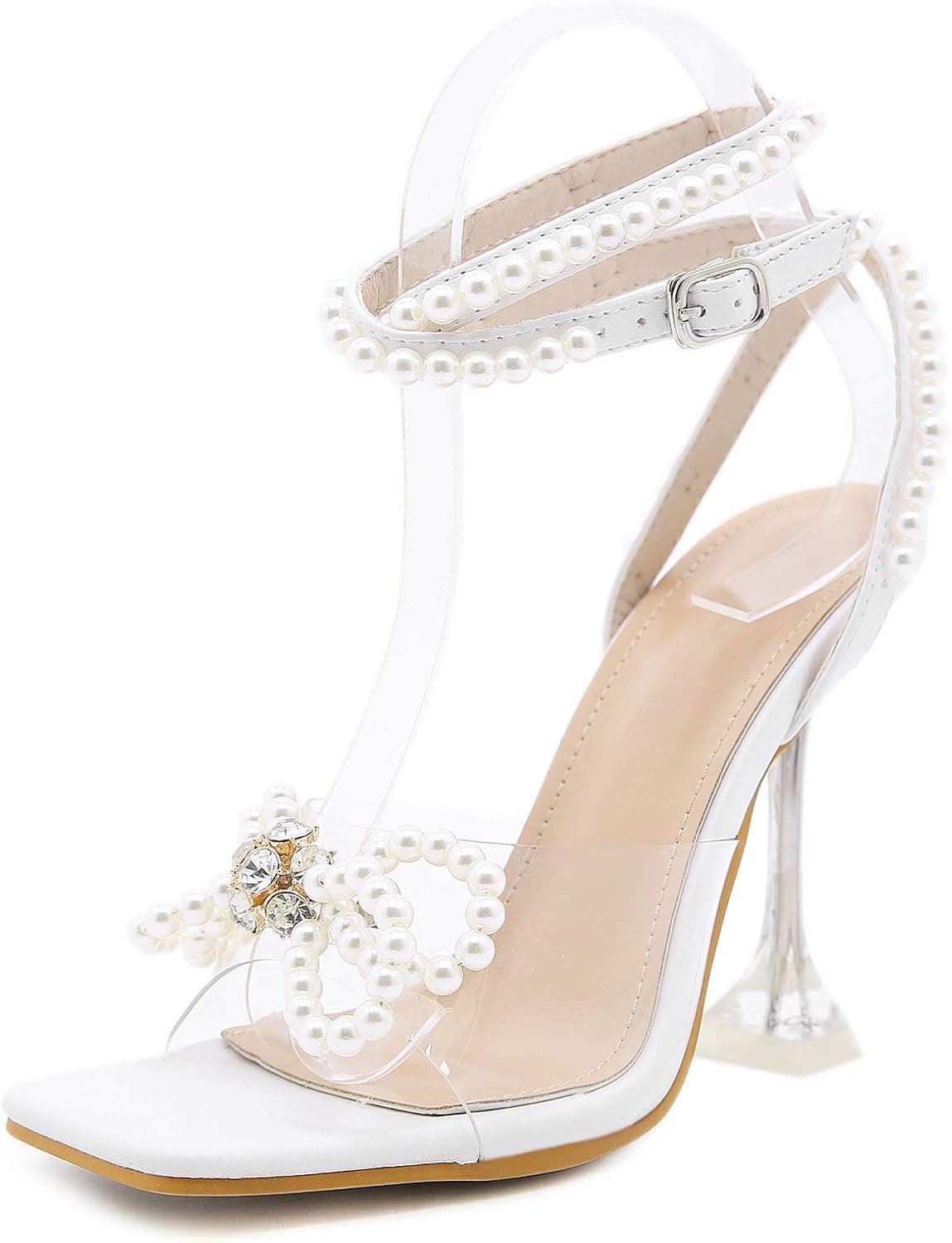 YIYA Women's Square Toe White Clear Heels Sandals with Strappy Pearls Ankle Strap Sexy Rhinestone Bow Heels Open Toe Stiletto High Heels Wedding Party Pumps