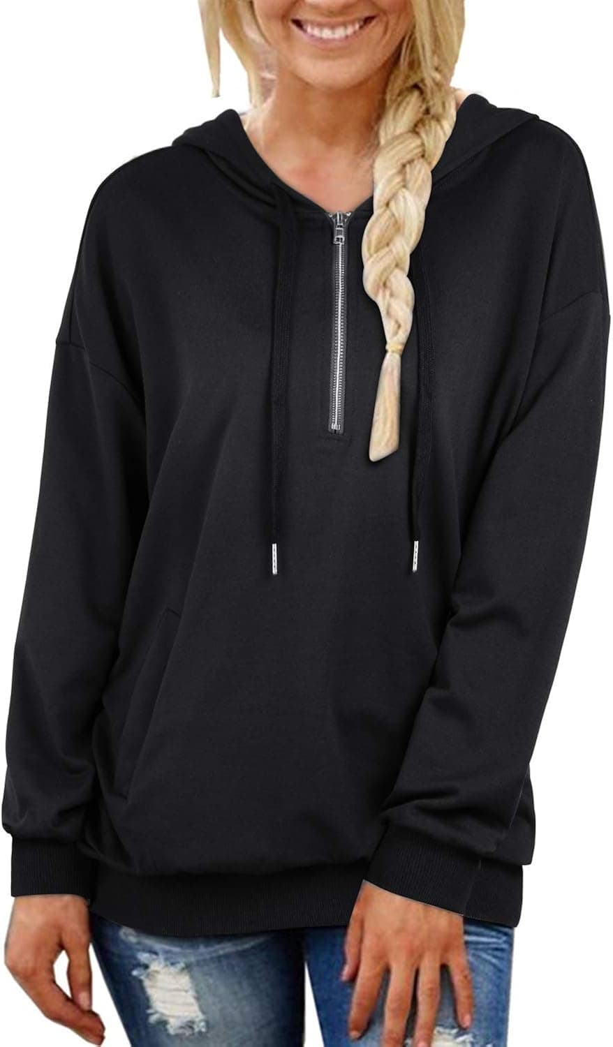 VOTEPRETTY Women's Long Sleeve Pullover Hoodies Sweatshirt with Pockets (Black,XL)