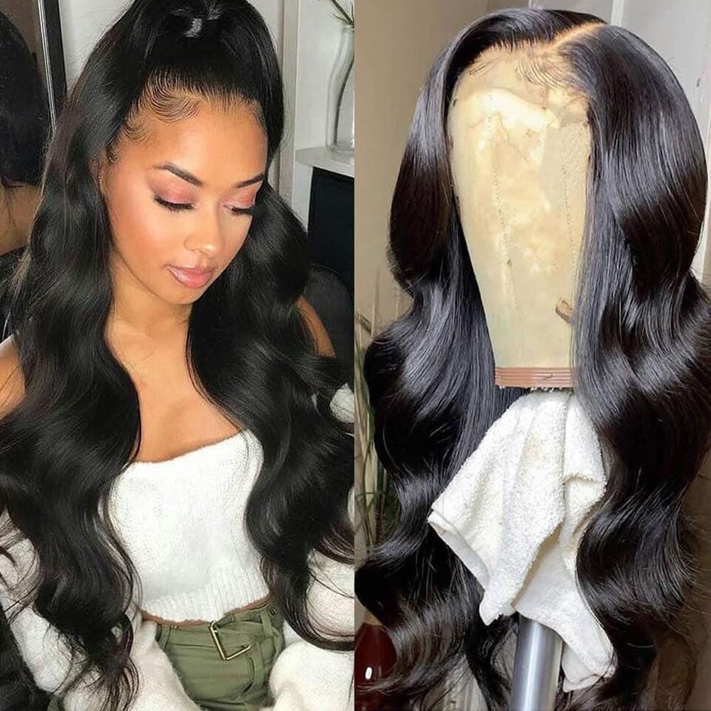 Glueless Body Wave Lace Front Wig Human Hair Pre Plucked 5x5 Body Wave Lace Closure Wigs with Baby Hair 150% Density 10A Brazilian Virgin Hair Lace Wig Natural Color (14 Inch, 150% denisty)