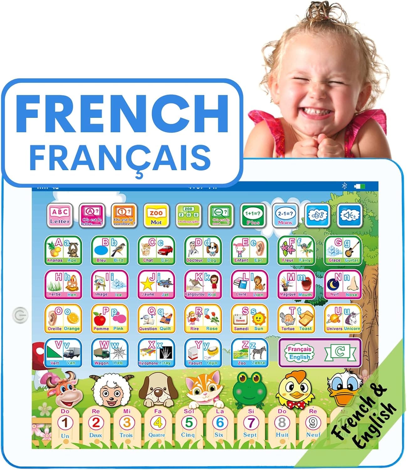 ZeenKind French English Bilingual Learning Tablet Toy to Learn Alphabet ABC, Numbers, Words, and Spelling| Interactive Educational Toys Gift with Songs and Music for Baby, Kids, Toddlers, & Childrens