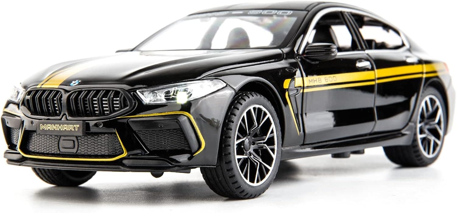 WAKAKAC Compatible with 1/24 BMW M8 Toy Car, Alloy Diecast Race Collectible Pull Back Model Car with Sound and Light Toy Vehicle for Boys Gift (Black)
