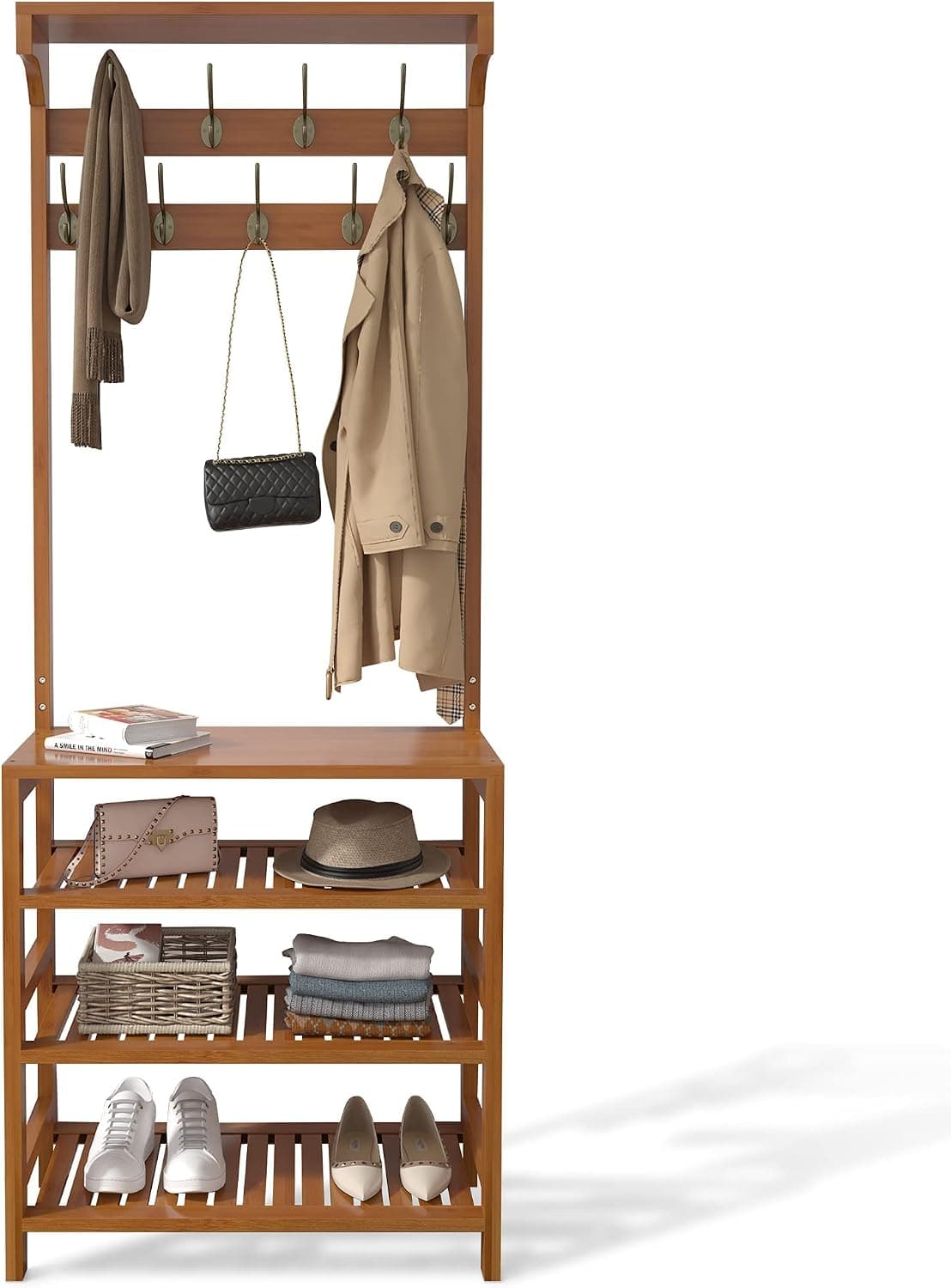 AKTOP Entryway Coat Rack Shoe Storage - 4 in 1 Hall Tree Storage Shelf, 4-Tier Bamboo Shoe Rack with 9 Double Hooks and Top Shelf Organizer, Perfect for Mudroom, Hallway and Bedroom, Easy Assembly