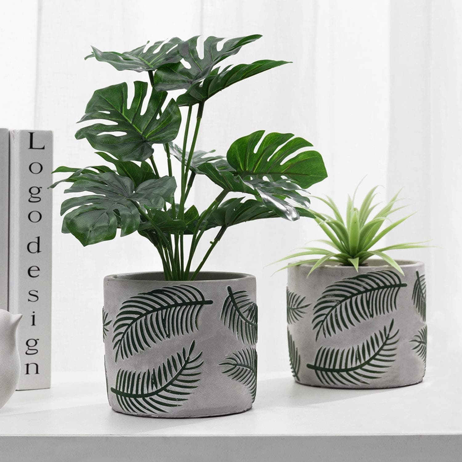 MyGift 5.5 Inch Chic Modern Gray Concrete Flower Planter Pots with Embossed Green Palm Leaf Pattern, Set of 2