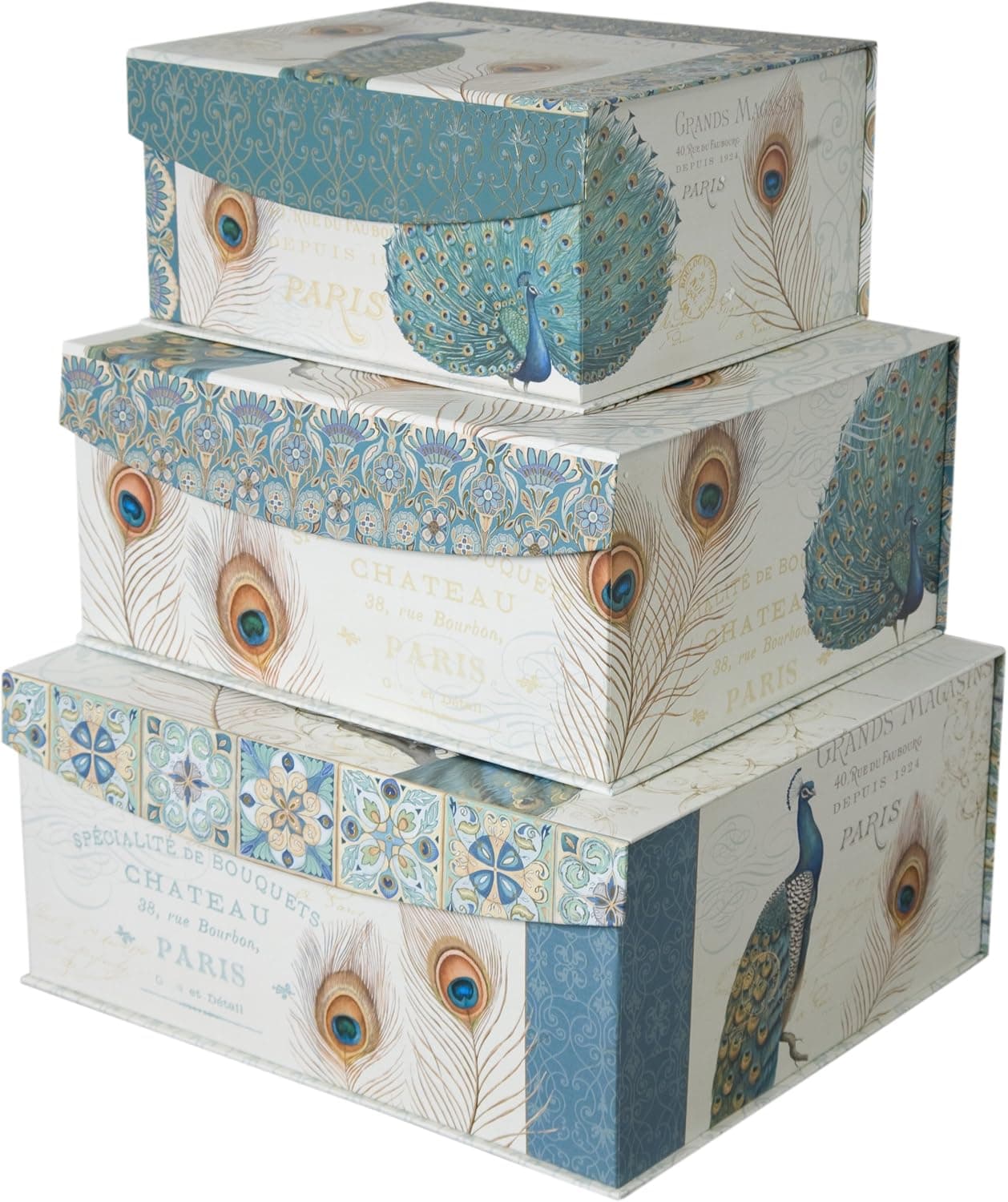 Decorative Storage Organizer boxes with Magnetic Sealable Lids (Set of 3) (Peacock)