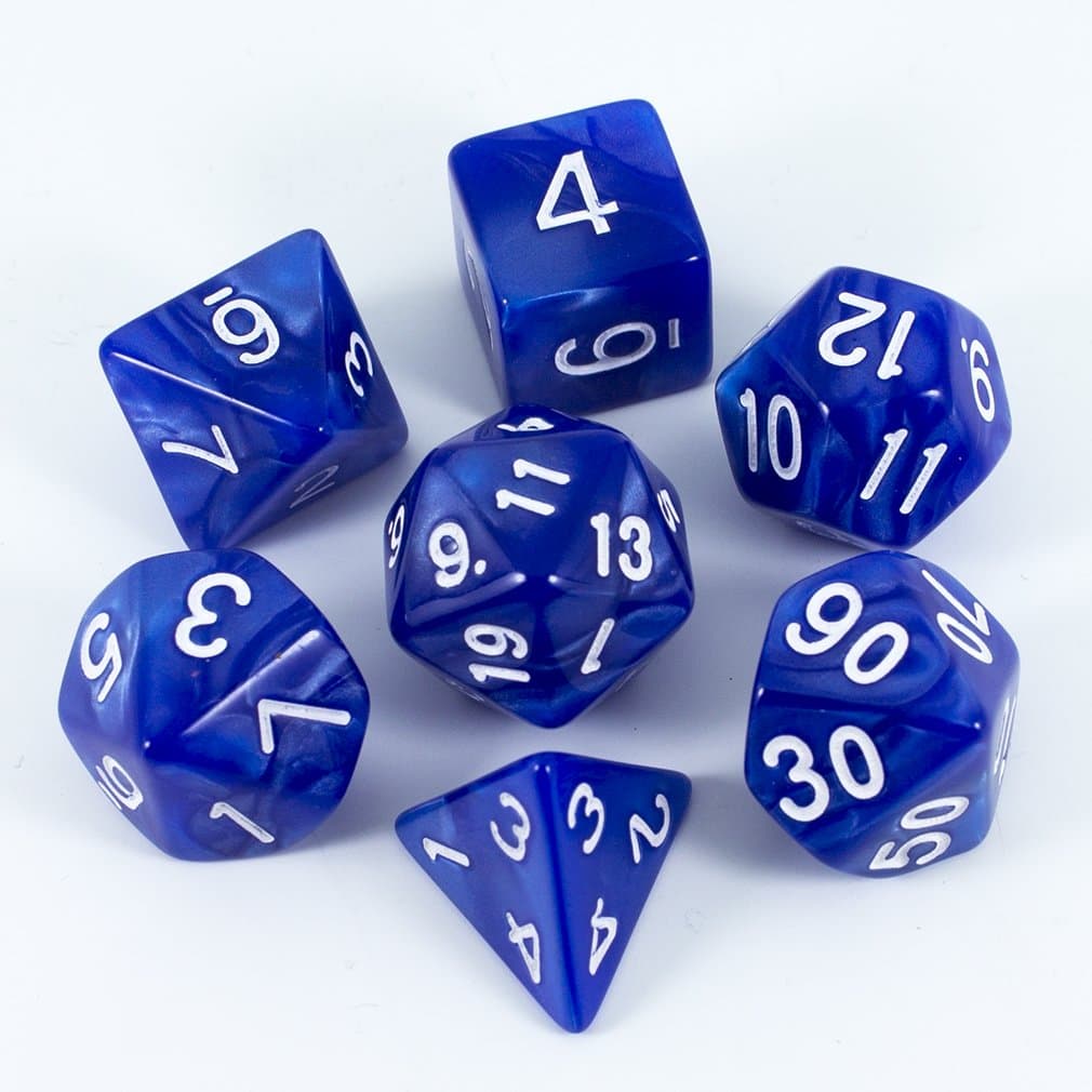 Blue RPG Dice - Full Polyhedral Set - Pearl Effect
