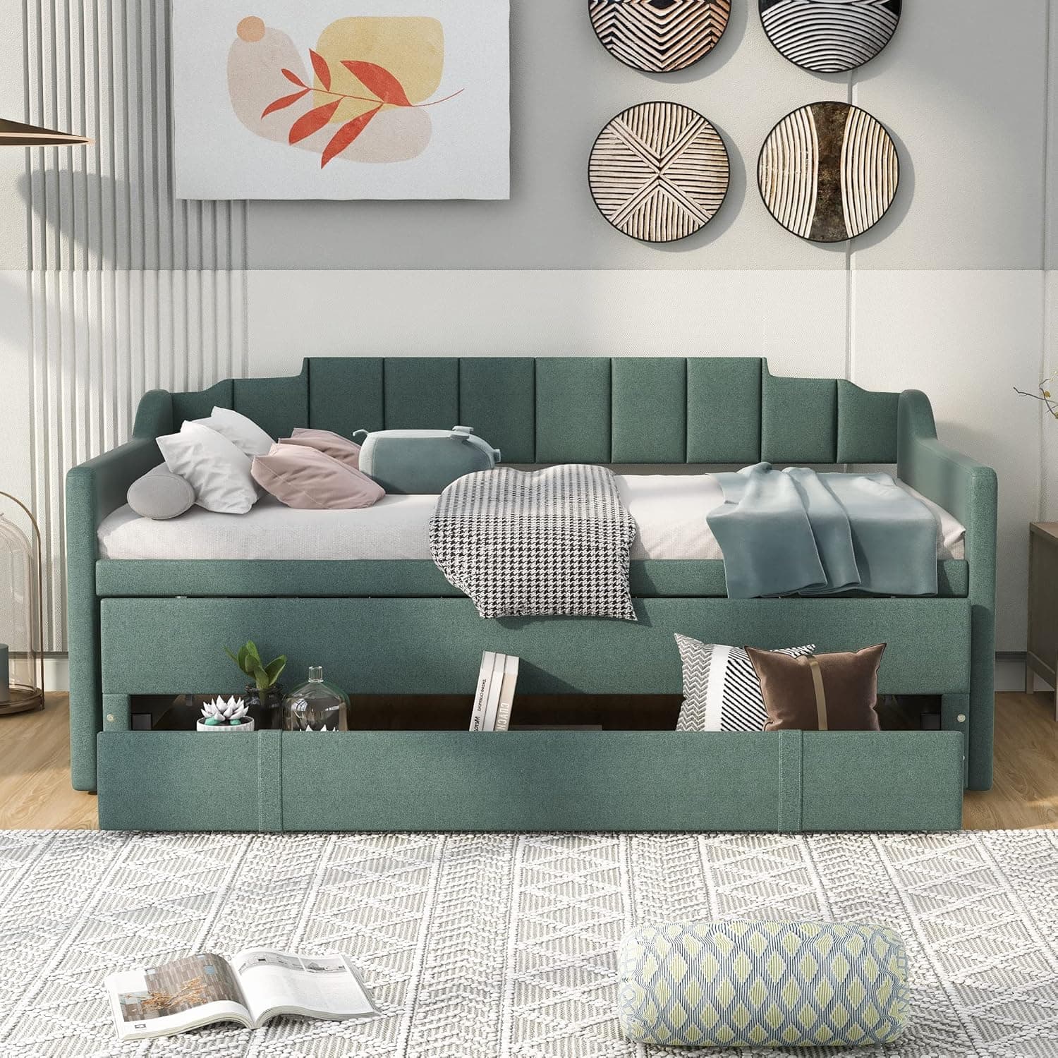 P PURLOVE Twin Upholstered Daybed with Trundle and 3 Drawers, Wood Daybed Frame with Wood Slat Support, No Box Spring Needed (Green)