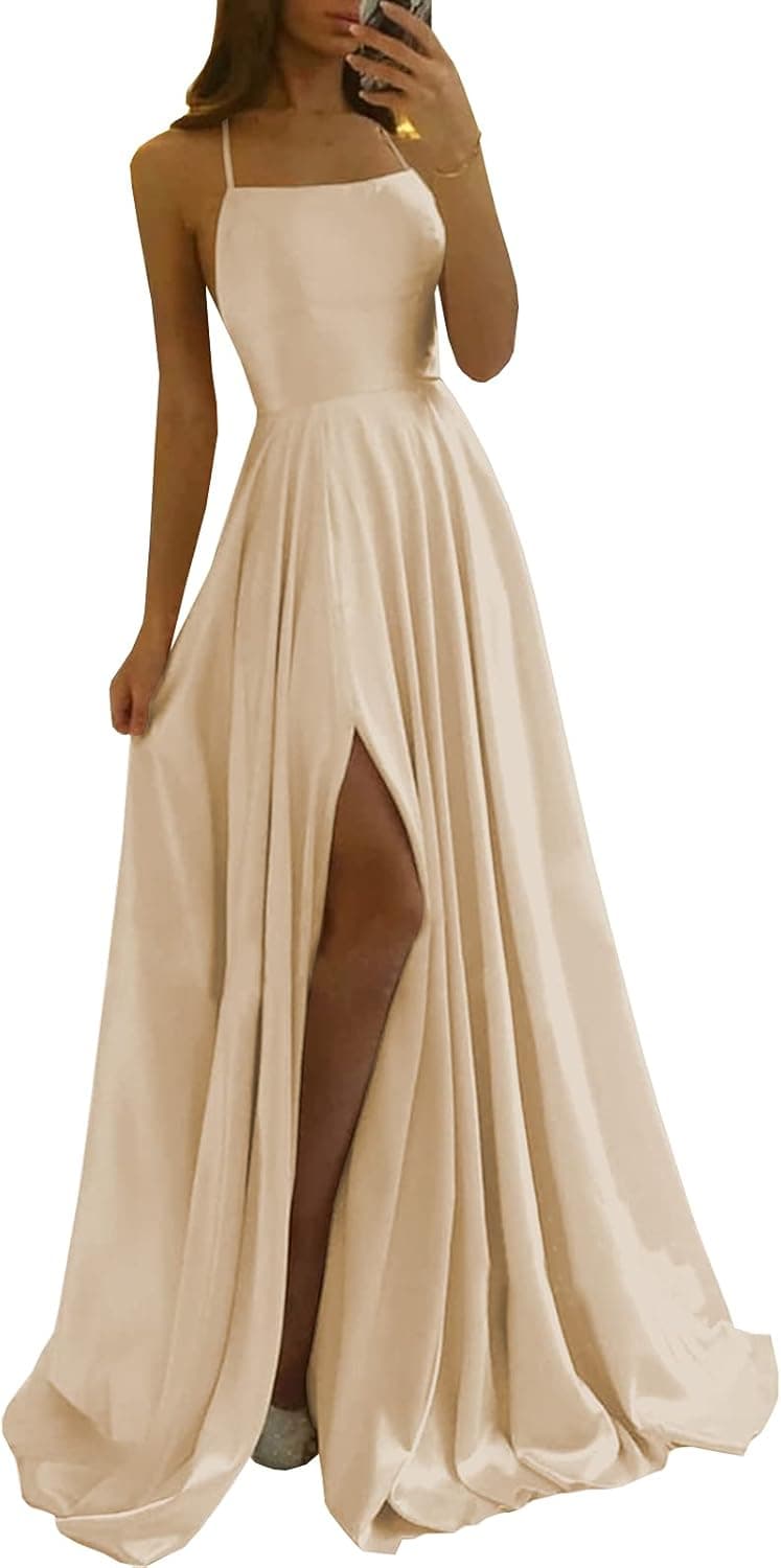 POMUYOO Women's Satin Prom Dresses Long Ball Gown Spaghetti Straps Slit A Line Formal Evening Dress with Pockets