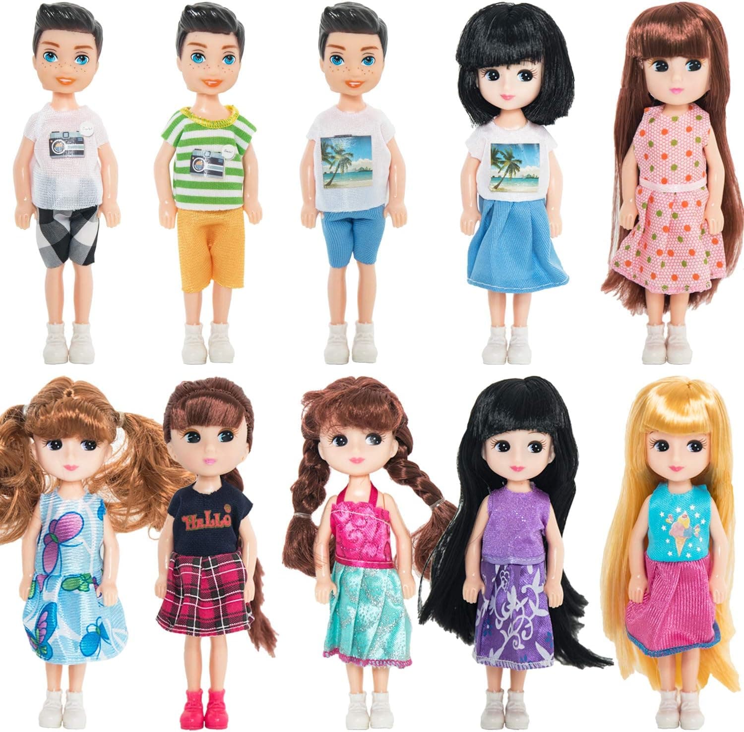 ONEST 10 Sets 5 Inch Dolls Mini Dolls Include 3 Pieces Boy Dolls, 7 Pieces Girl Dolls, 10 Sets Handmade Doll Clothes, 10 Pairs of Doll Shoes