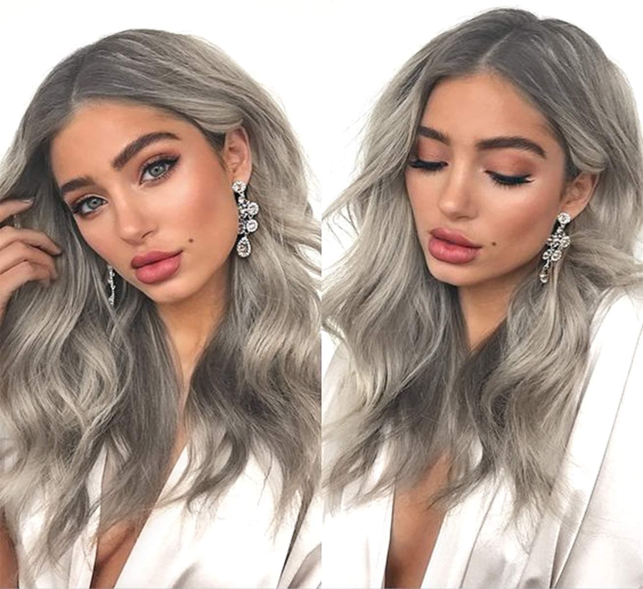 LANOVA Silver Ash Blonde Wigs with Dark Roots Ombre Synthetic Hair Wavy Wig Mixed Blonde Hair Wig Middle Part 18 inch LANOVA-032