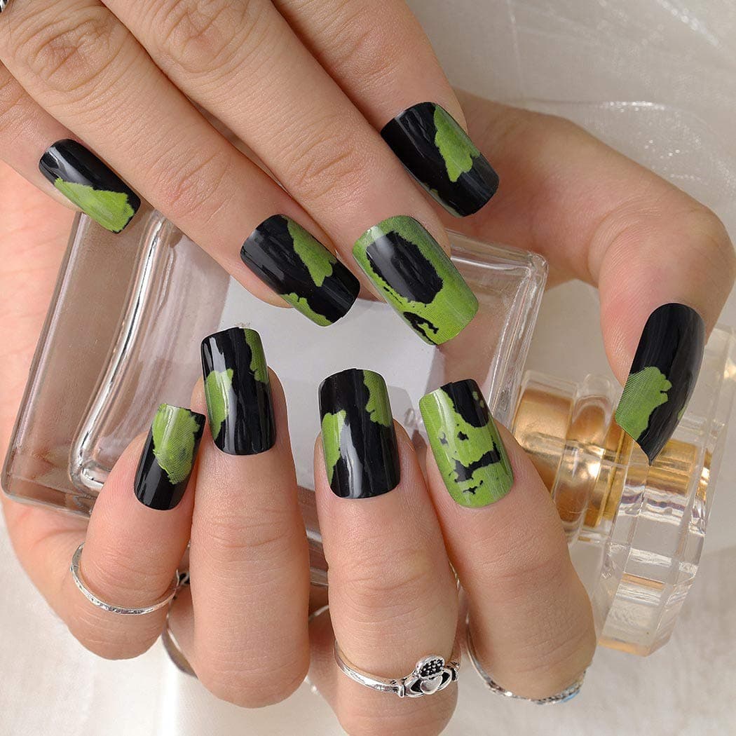 Bmadge Glossy Green Camo Press on Nails Square Green Ombre Full Cover Fake Nails Graffiti Gradient Artificial False Nails Tips for Wedding Party Prom for Women and Girls (24Pcs) (Style E)