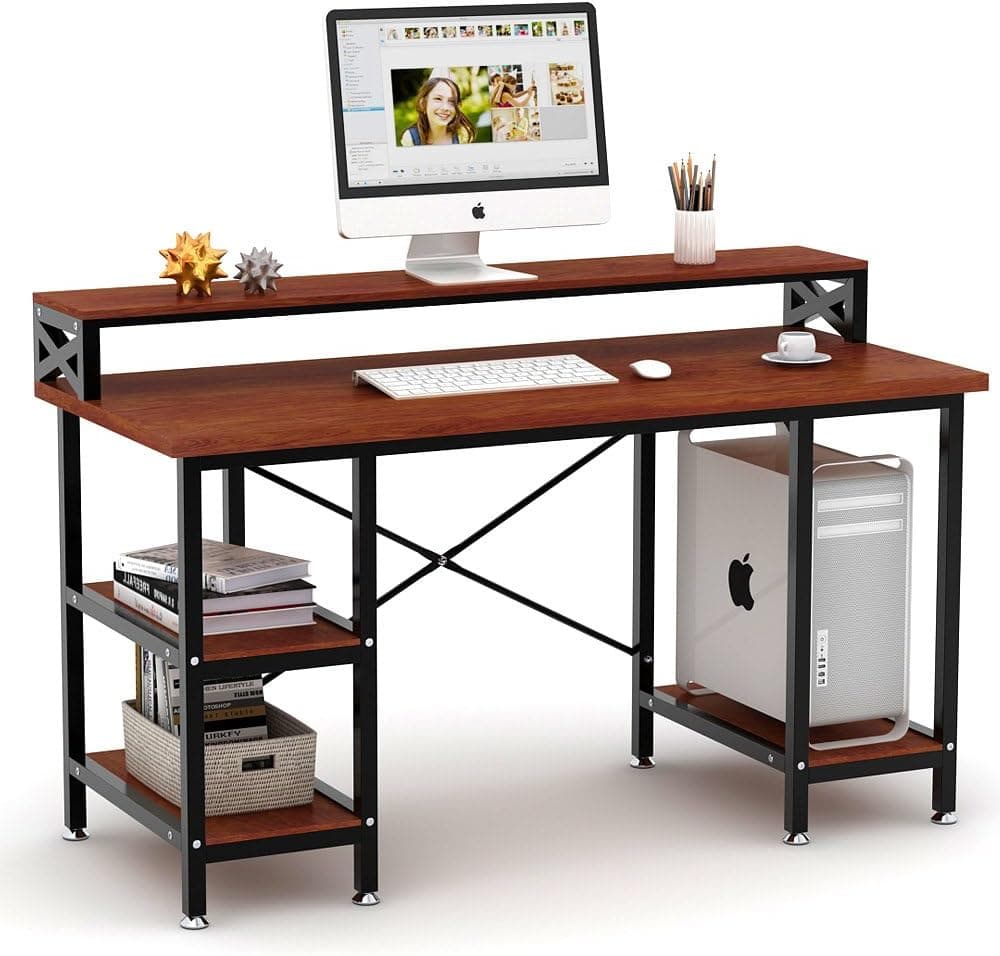 Tribesigns Computer Desk with Storage Shelves, 55" Large Modern Office Desk Computer Table Studying Writing Desk Workstation with Printer Monitor Shelf for Home Office (Brown)