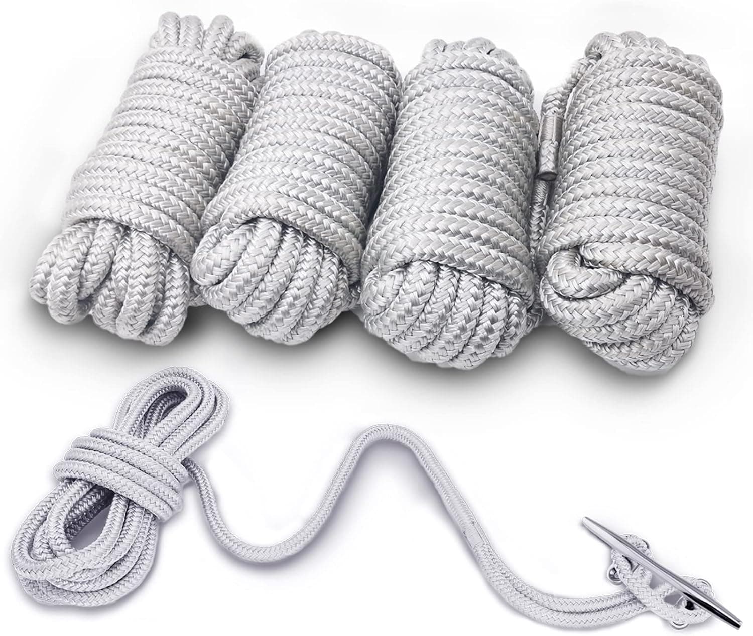 Free Ocean 4 Pack Durable Grey Dock Lines-1/2 x 20' Marine-Grade Double-Braided Nylon Dock Line with 12" Eyelet,Hi-Performance Boat Rope Mooring Rope Dock Line for Docking Boat Accessories