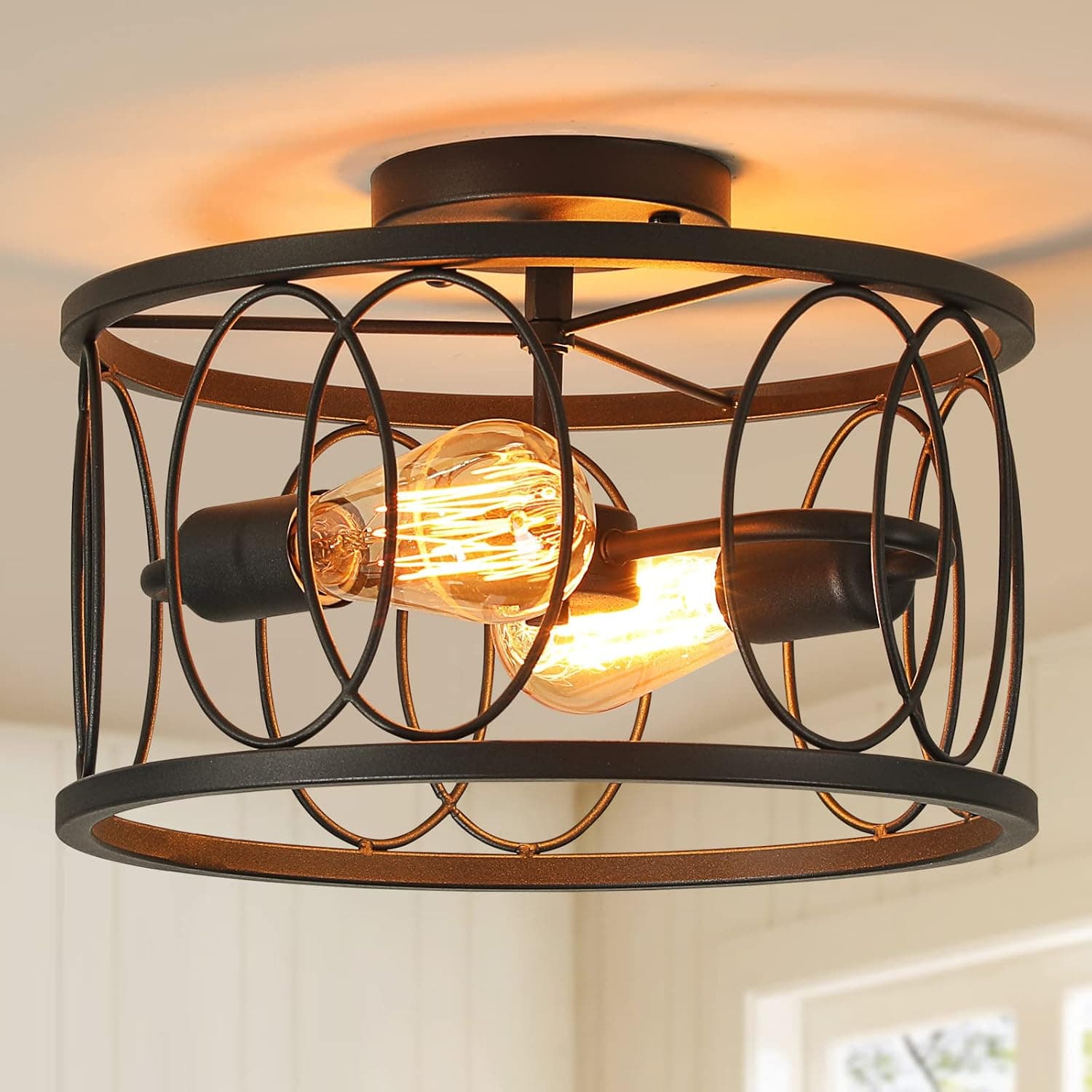 HuixuTe 2-Light Semi Flush Mount Ceiling Light, Black Kitchen Light Fixture, Farmhouse Bedroom Light Fixtures Ceiling for Hallway, Entryway, Bedroom, Dining Room
