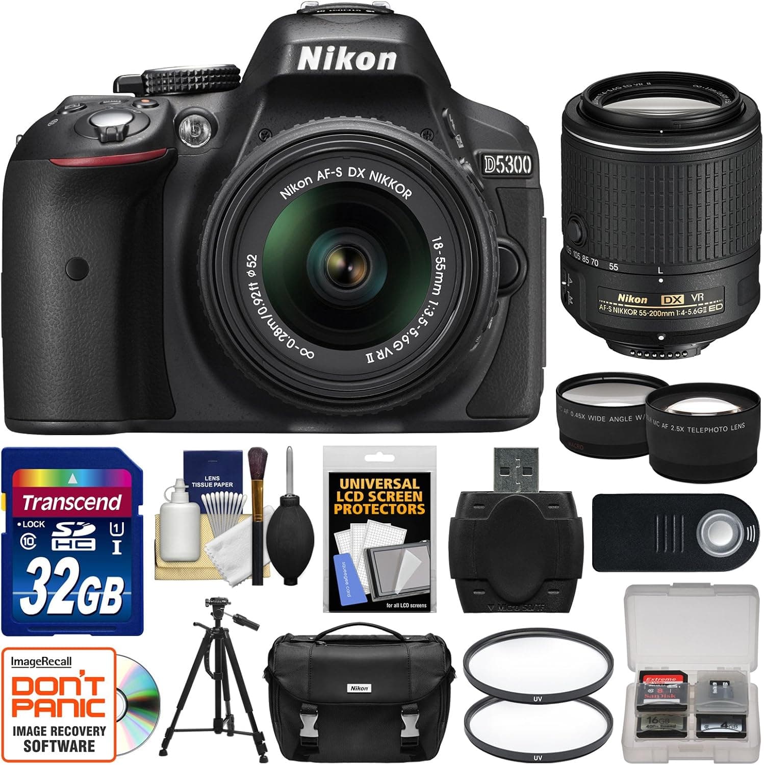 Nikon D5300 DSLR Camera & 18-55mm VR II, 55-200mm VR II Lenses with 32GB Card + Case + Tripod Kit (Renewed)