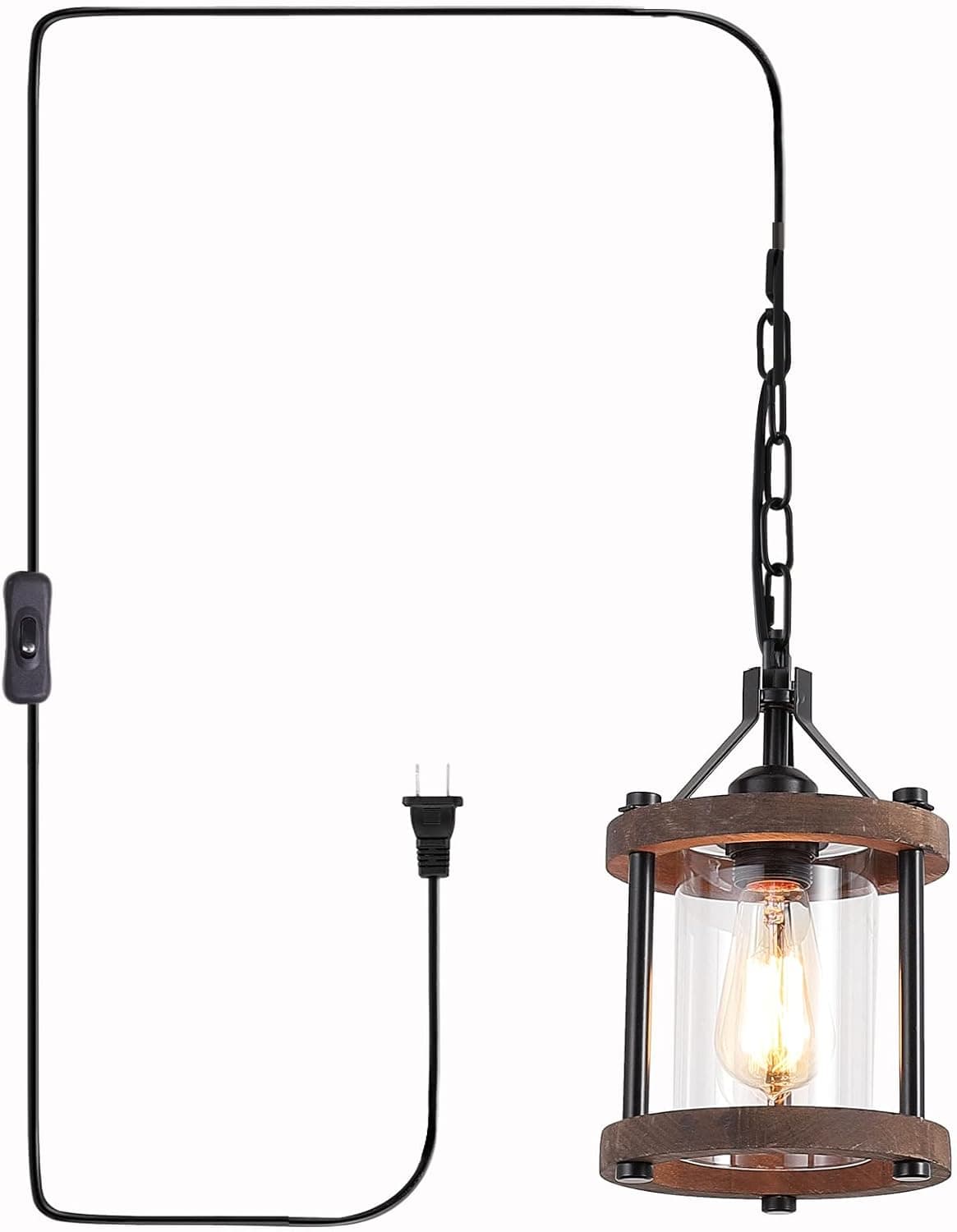 SGLfarmty Plug in Pendant Light, Farmhouse Hanging Lights with Plug in Cord, Rustic Wood Pendant Lamp with Glass, Industrial Plug in Pendant Lighting Fixture On/Off Switch for Kitchen Island, Hallway