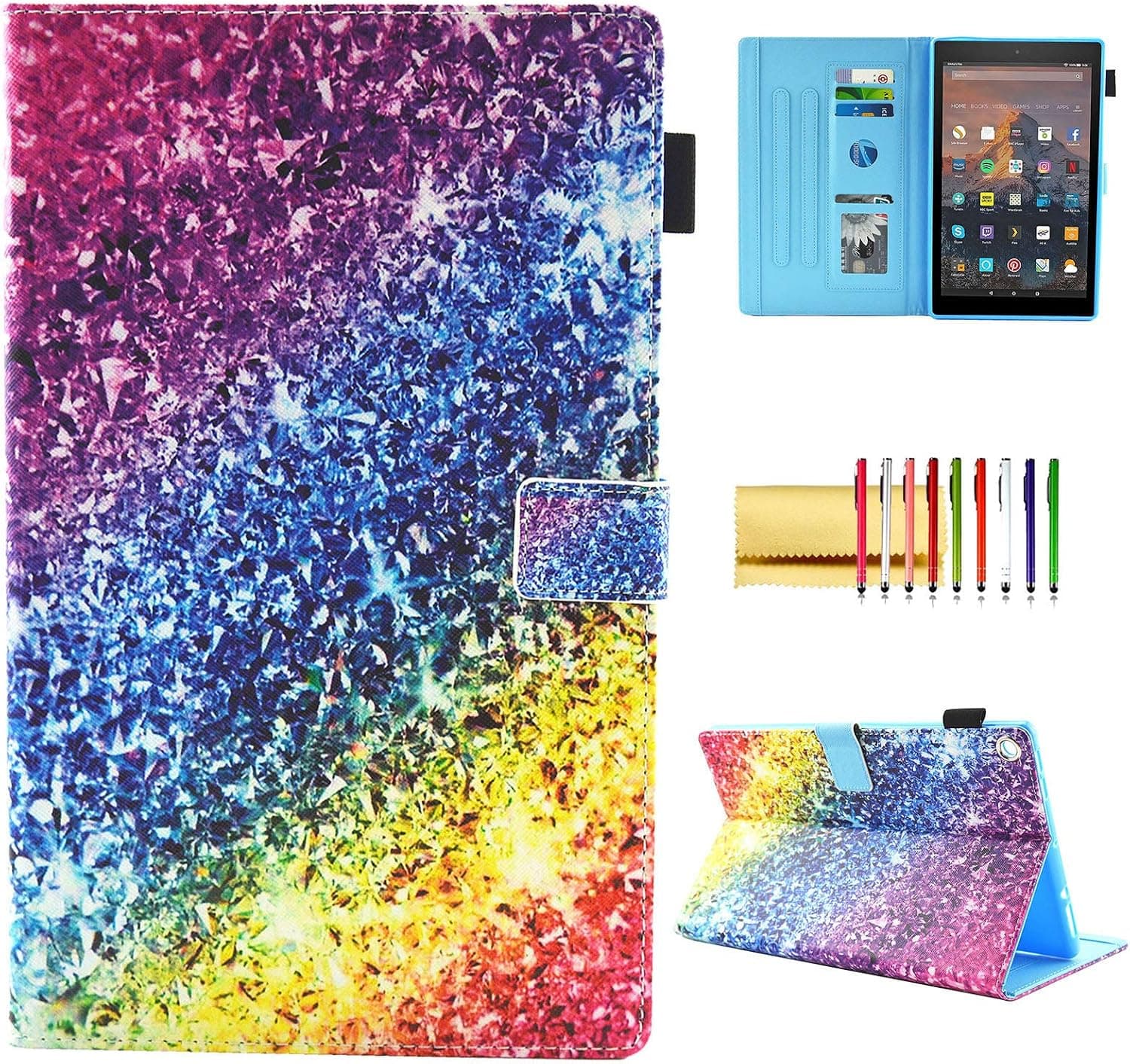 Case for Amazon Fire HD 10 (9th/7th Generation, 2019/2017), Techcircle Multi-Angle Viewing Stand Cute Pattern Slim Folding Leather Protective Cover with Card Slots, Smart Sleep/Wake, Colorful Diamond
