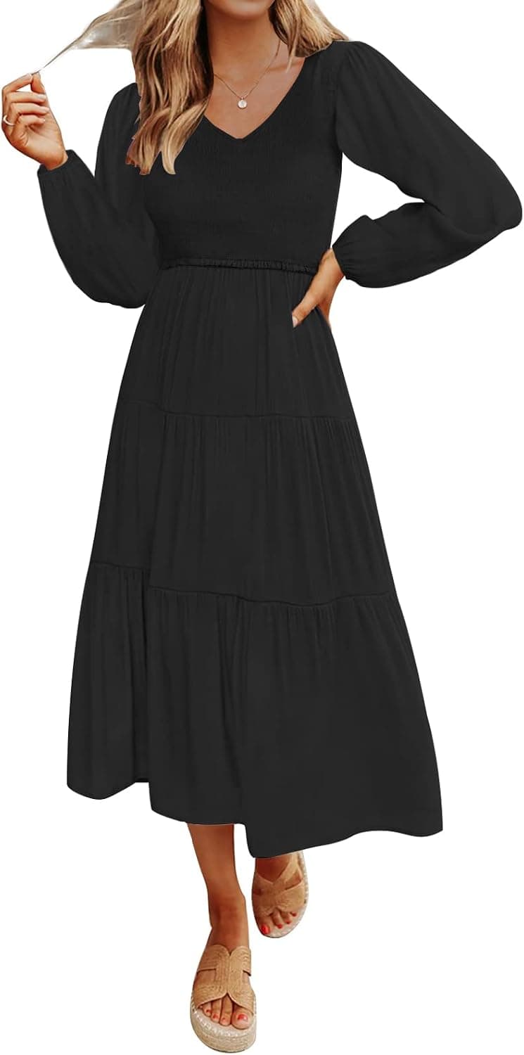 MEROKEETY Women's 2023 Casual Long Sleeve Smocked Dress V Neck High Waist Ruffle Tiered Midi Dresses