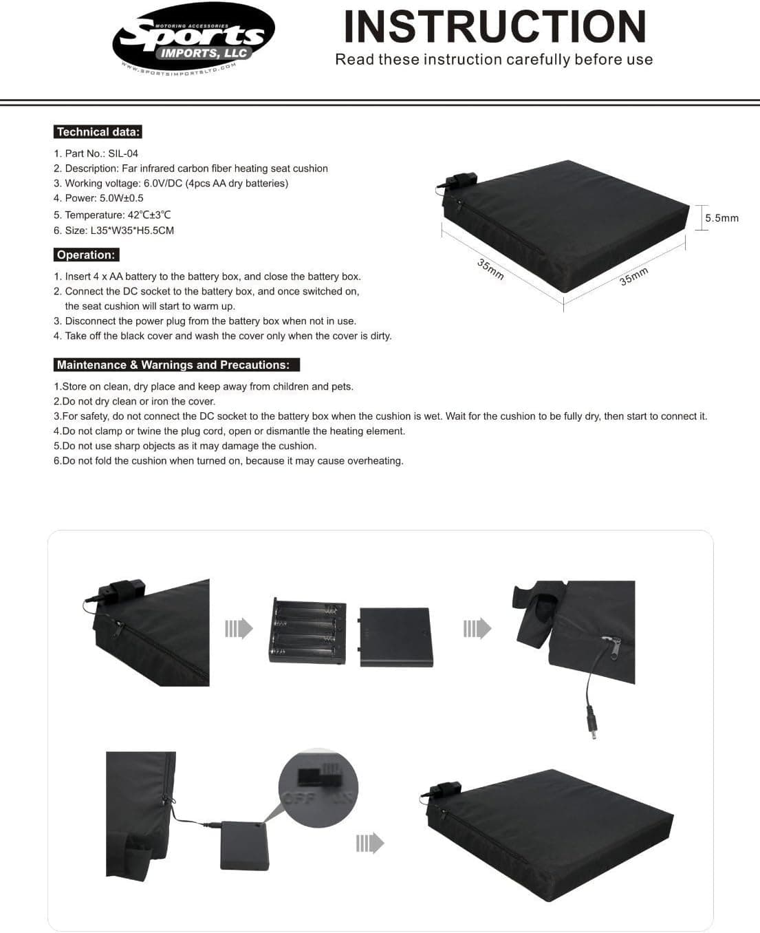 Sports Imports Aa Battery Powered Infrared Carbon Fiber Warming Stadium Seat Cushion