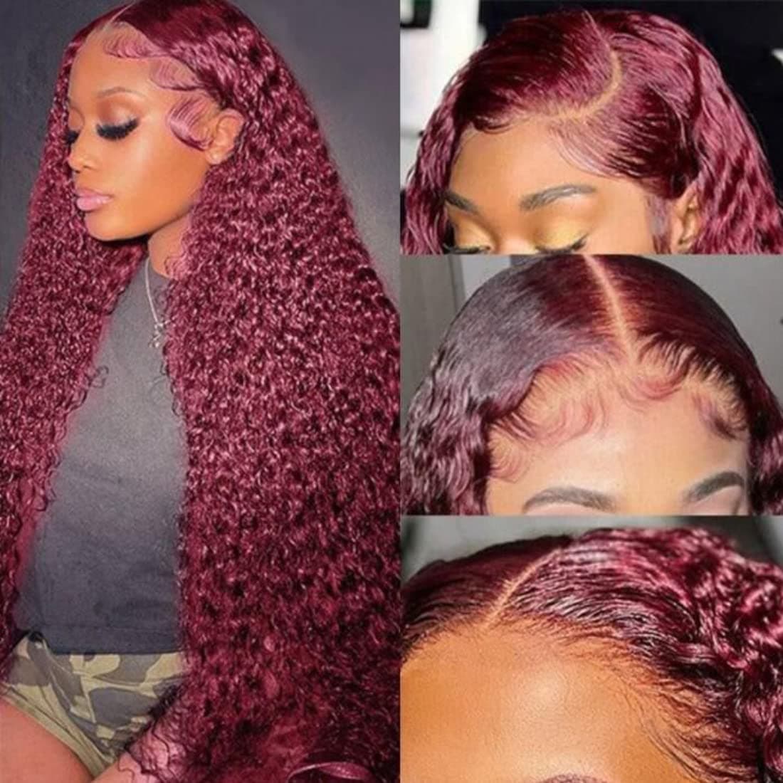 UNICE 99J Burgundy Curly 4x4 Lace Closure Wig Human Hair Free Part Brazilian Remy Hair Red Human hair Wigs for Women Pre Plucked with Baby Hair 180% Density 24 inch