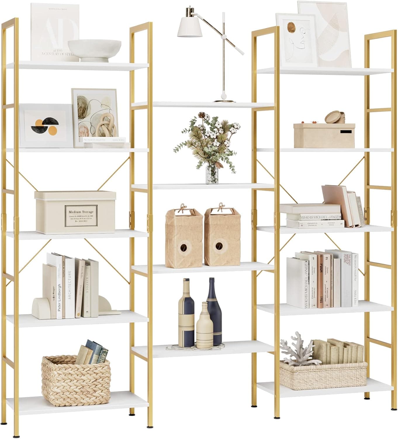 finetones Triple Wide 5-Tier Bookshelf, Large Industrial Bookcase with Metal Frame, 68.5 x 11.8 x 68.1 in, Tall Open Storage and Display Rack for Home Office, White and Gold