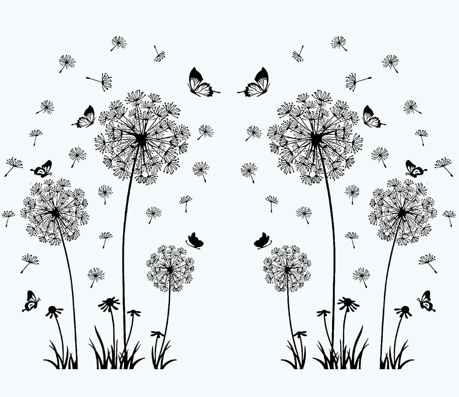 Yuemoon Wall Decals for Bedroom Living Room, Large Dandelion Flowers Wall Stickers & Murals 2 Sets, Big Black Peel and Stick Wall Decor with Butterflies