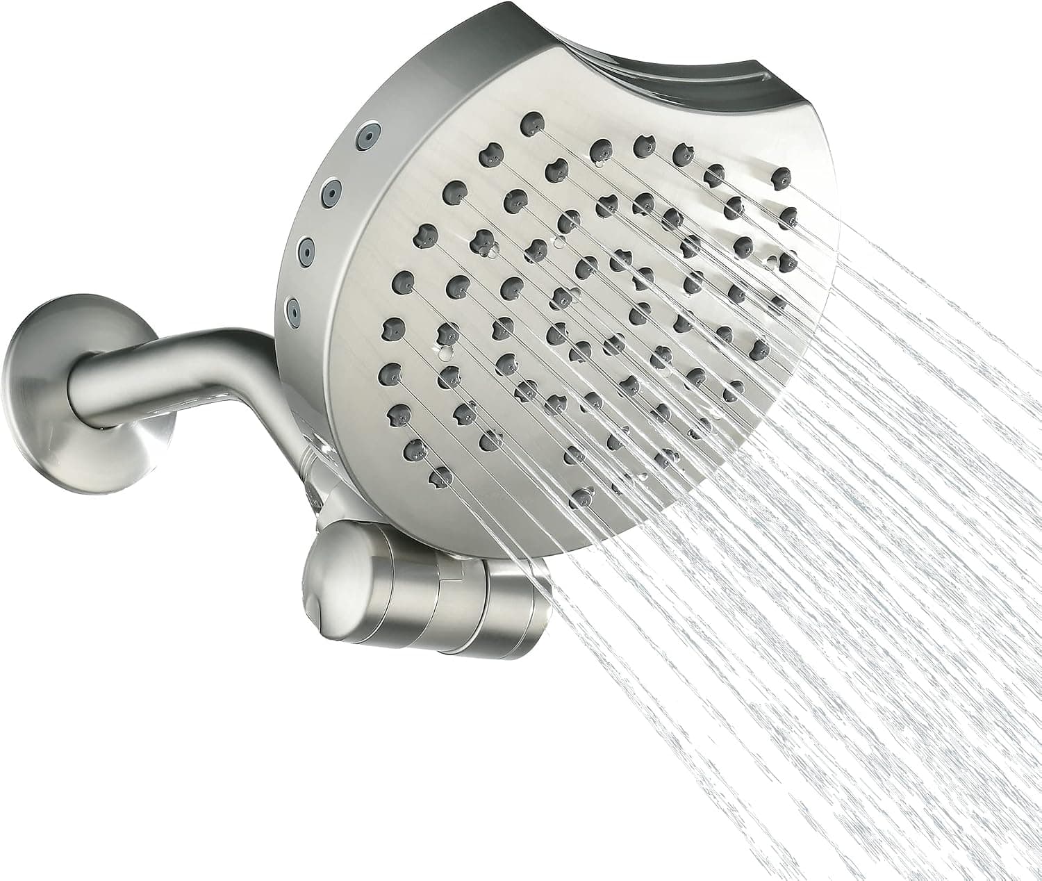 Rainovo High Pressure 4-Setting Waterfall Showerhead, Fixed Shower Head - Wall Mount 360 Degrees Angle Adjustable Rainfall Showerhead with Shower Arm, 1.8GPM, Brushed Nickel
