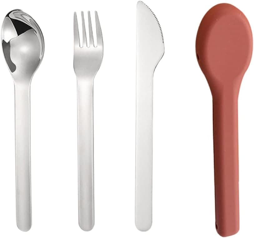 DREAMROO Travel Utensil Flatware Set - Portable Cutlery set design for Travel, School, Work and Outdoor- Stainless Steel Spoon, Fork, & Knife with Silicone Case (Red)