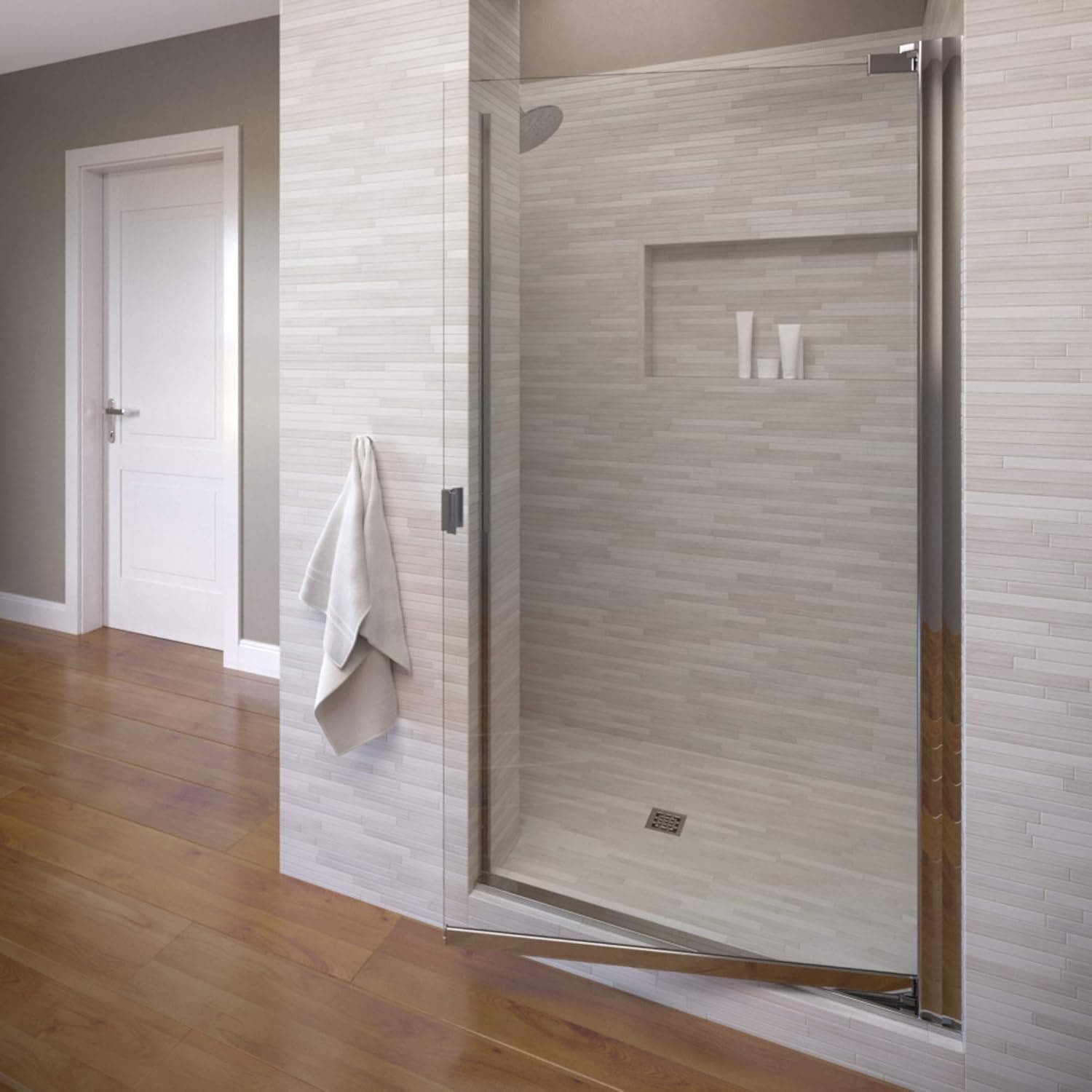 Basco Armon 26.625 to 28.125 in. width, Semi-Frameless Pivot Shower Door, Clear Glass, Silver Finish