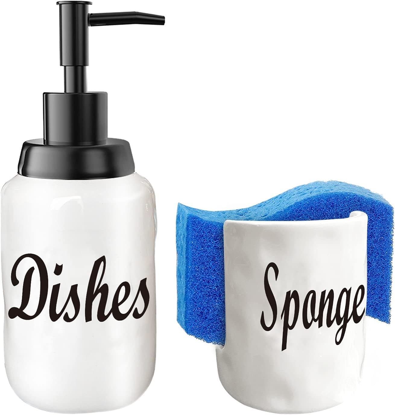 JANEAST Soap Dispenser-Ceramic Dish soap Dispenser and Sponge Caddy Set (Dishes-B+Caddy)