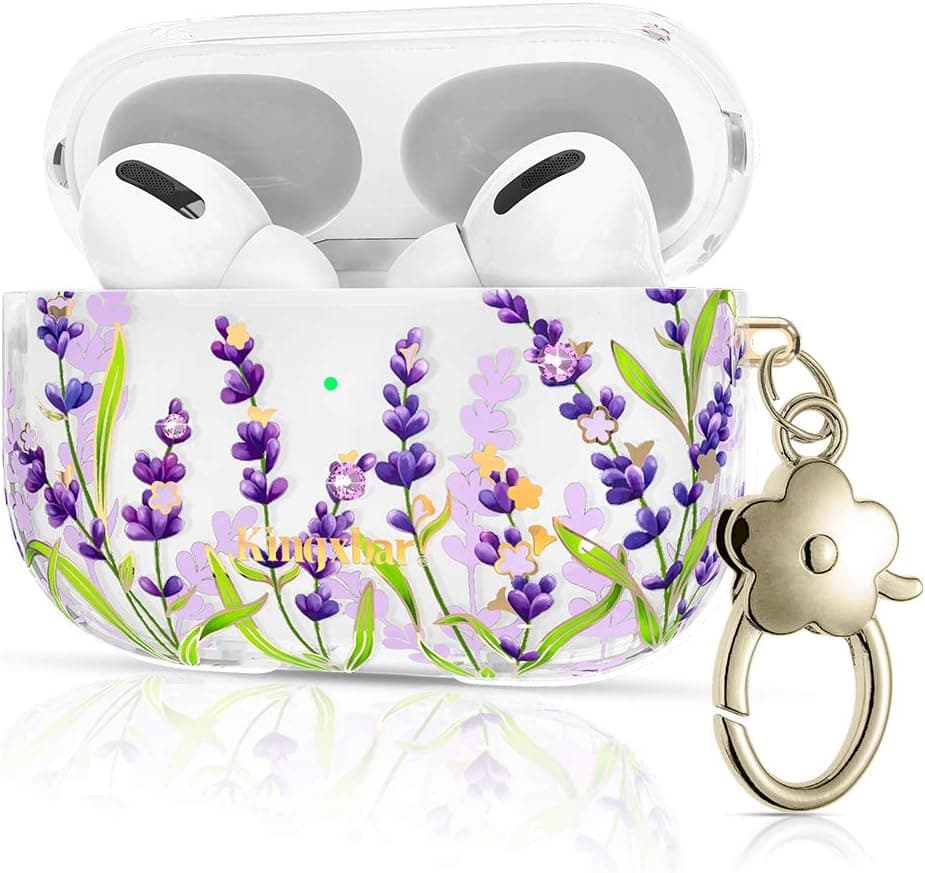 Queenxbar Lavender Airpods Pro Case Cover, Airpods 3 Floral Print Cute Case Shockproof Clear PC Airpods Cover Sparkle Crystals with Flower-Shaped Clip for Women/Girls(Front LED Visible)