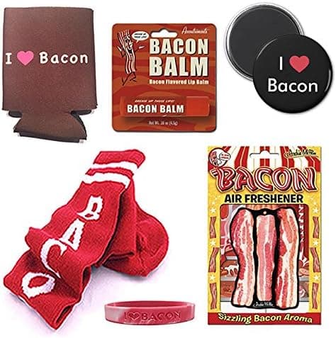 Deluxe Bacon Lovers Sampler Gift Pack (6pc Set) - Bacon Socks, I Heart Bacon Drink Cooler, Silicone Wristband, Air Freshener, Lip Balm & I Love Bacon Magnet