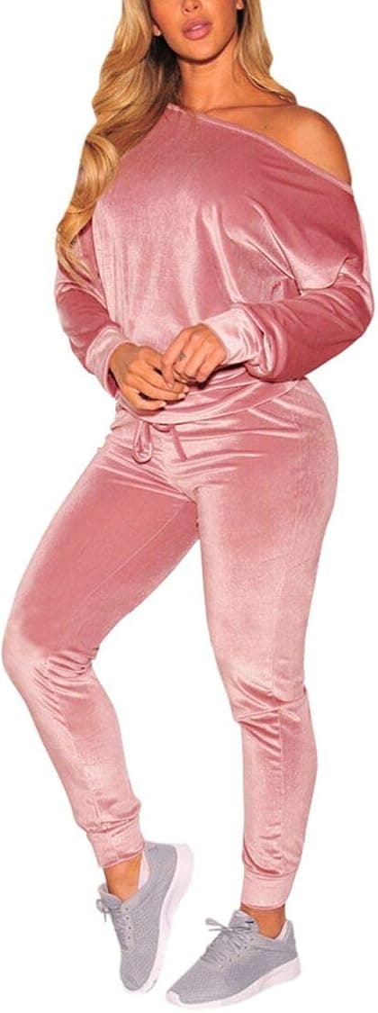Fixmatti Womens 2 Piece Off One Shoulder Sweatshirt Jogging Set Velvet Sweatsuit