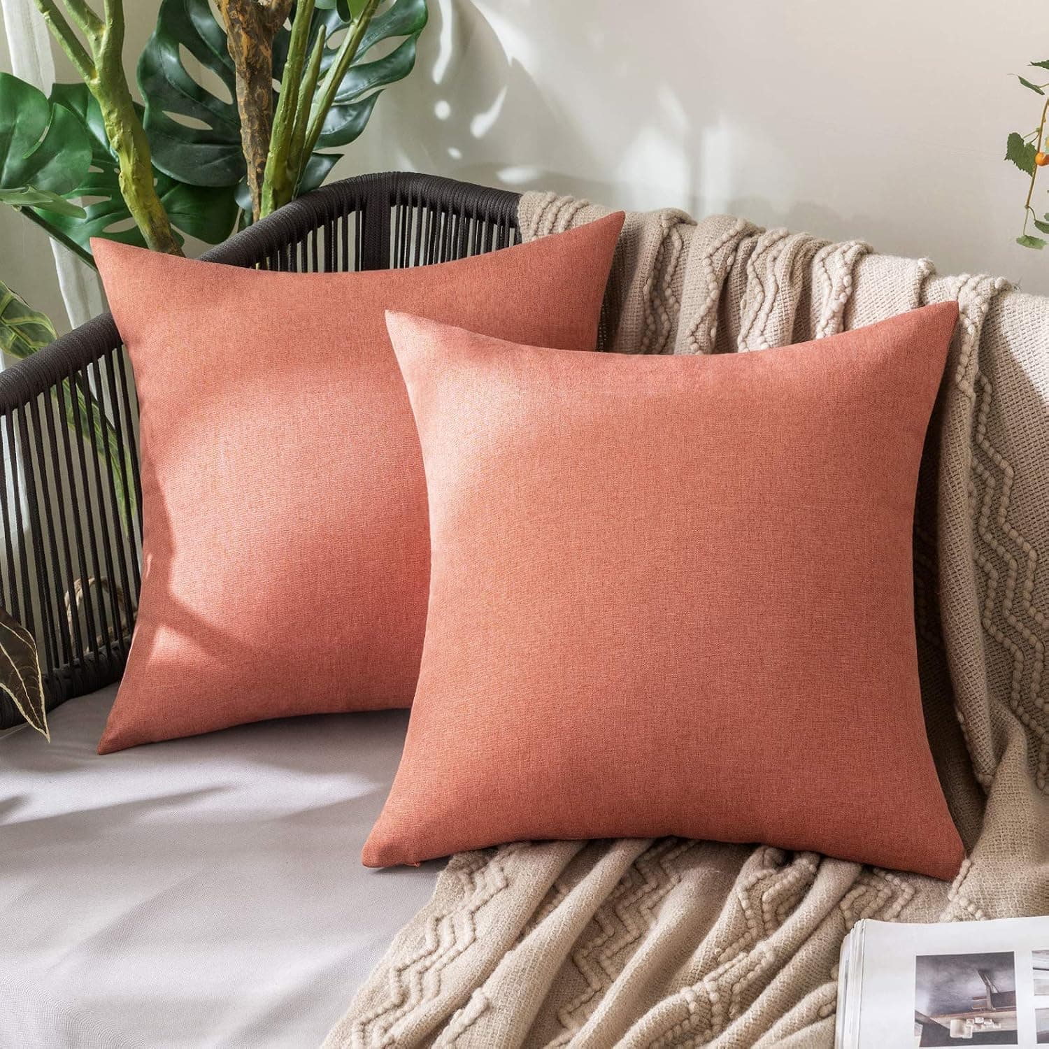 MIULEE Pack of 2 Decorative Outdoor Solid Waterproof Throw Pillow Covers Linen Garden Farmhouse Cushion Cases for Patio Tent Balcony Couch Sofa 20x20 inch Coral Red